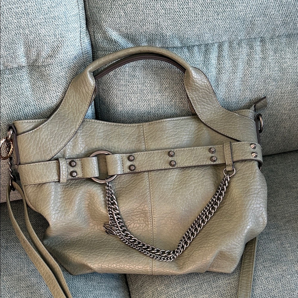 Jessica Simpson Sage Green Leather Shoulder Bag with Gunmetal Chain